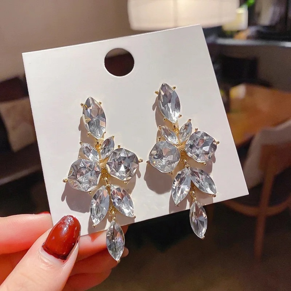 Anthro Crystal Large Leaf Shaped Dangle Drop Earrings Clear Long